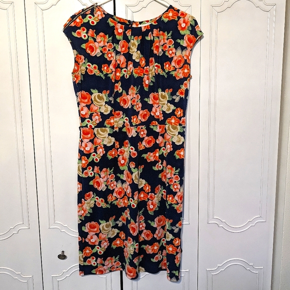 Charter Club floral dress form fitting dressy size 8 navy and coral and green - Picture 1 of 11